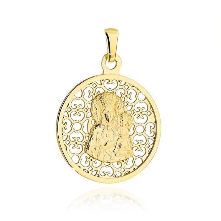 Medalik złoty Matka Boska Częstochowska w zdobionym ażurowym kole
