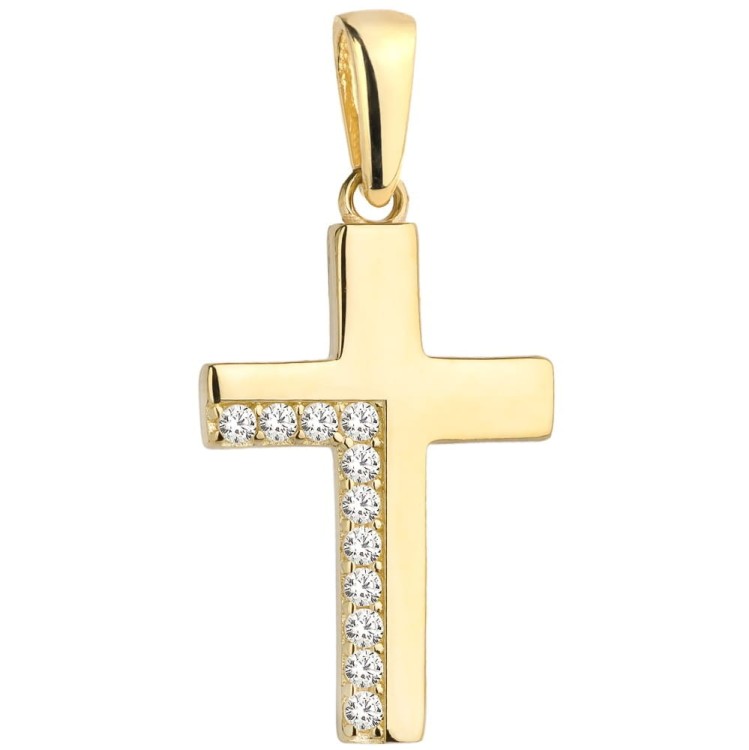 Złoty Krzyżyk Gładki Oprawiony Cyrkoniami po Lewej Stronie - Złoto 585 - Prezent na Komunię.jpg