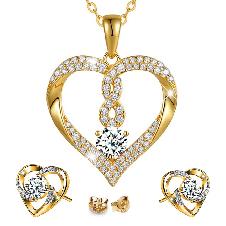 Złoty Zestaw Damskiej Biżuterii Naszyjnik i Kolczyki Serca Crystal Srebro 925.jpg