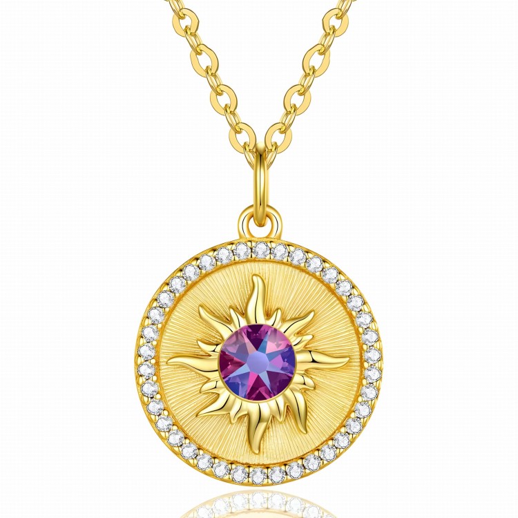 Pozłacany Naszyjnik Słońce z Kryształem i Cyrkoniami - Srebro 925 Pozłacane 24-karatowym Złotem