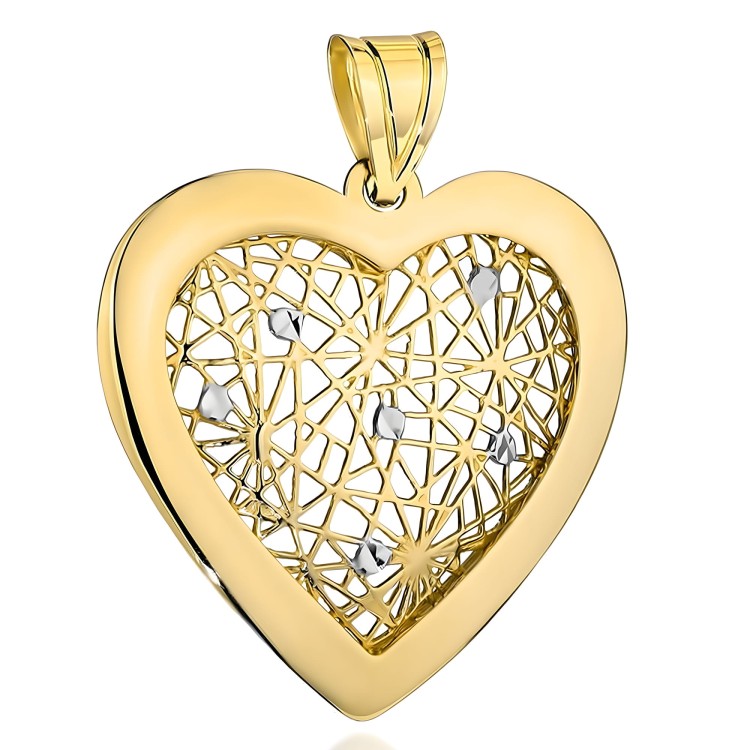 Złota Zawieszka Serce 585 z Ażurowym Wzorem i Diamentowanymi Detalami .jpg