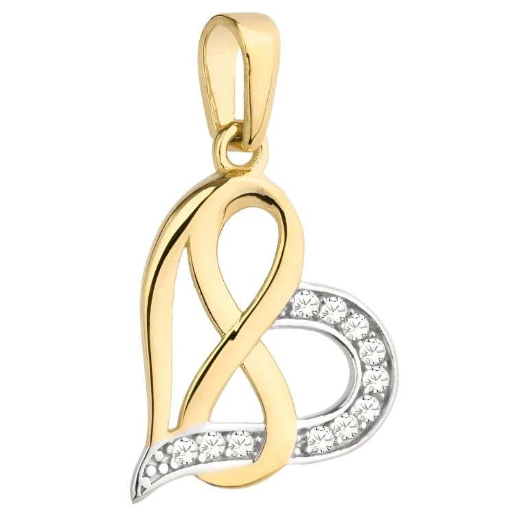 Złota Zawieszka Serce w Połowie Ozdobiona Cyrkoniami z Wplecionym Znakiem Nieskończoności - Złoto 585 - Prezent na Urodziny Walentynki.jpg