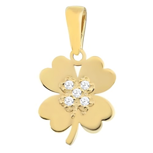 Złota Zawieszka Koniczynka z Cyrkonii w Złotej Koniczynie - Złoto 585 - Prezent Dla Kobiety.jpg