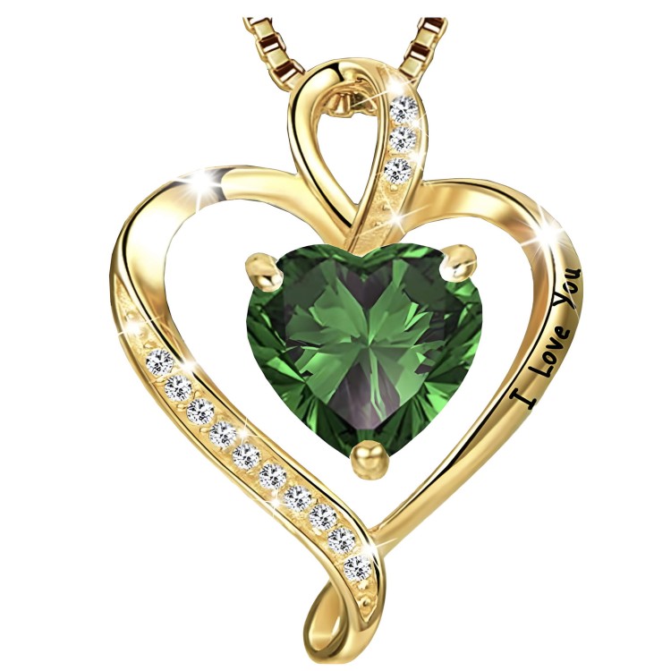 Srebrny Pozłacany Naszyjnik Serce z Zielonym Kryształem i Cyrkoniami Prezent na Urodziny Srebro 925.jpg