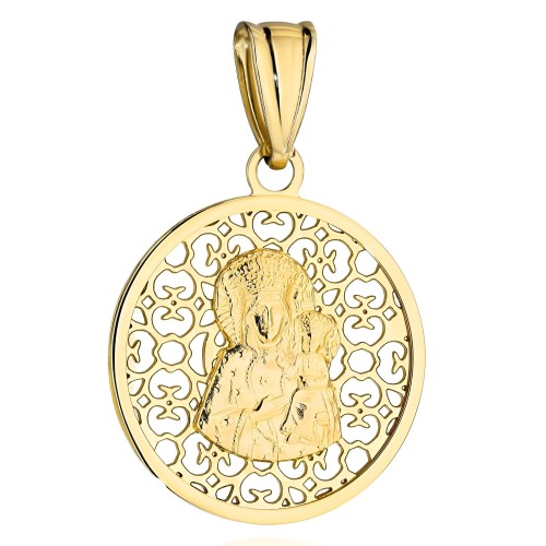 Złoty Medalik Matka Boska Częstochowska w Zdobionym Ażurowym Kole - Złoto 585 - Prezent na Komunię.jpg