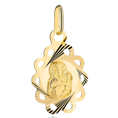 Złoty Medalik Matka Boska Częstochowska w Diamentowanym Kwiatku - Złoto 585 - Prezent na Komunię.jpg