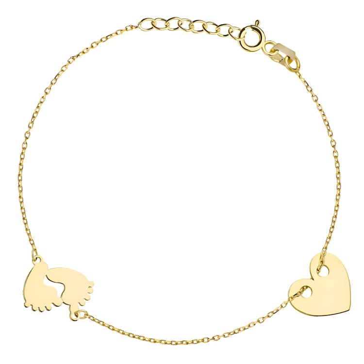 Złota Bransoletka Serduszko i Stópki - Złoto 585 - Prezent na Dzień Matki.jpg