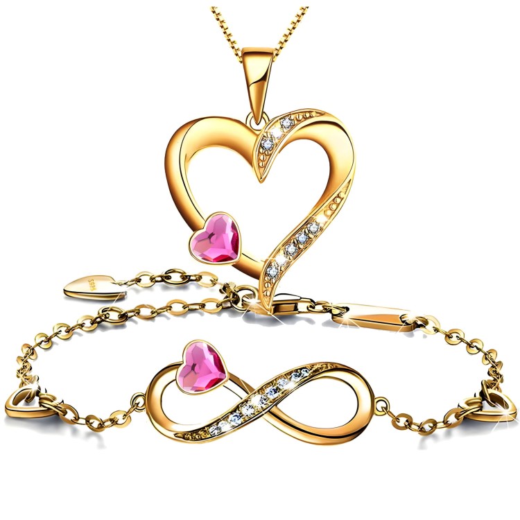 Złoty Zestaw Bransoletka Infinity i Naszyjnik Serce Srebro 925 - Fuchsia.jpg