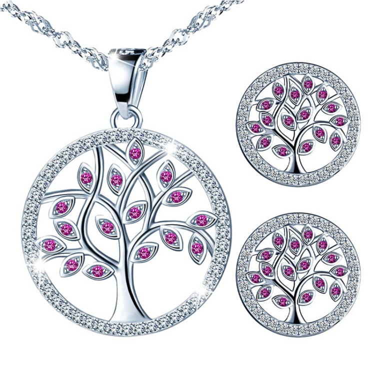 Srebrny Komplet Kolczyki Sztyfty Naszyjnik Drzewo Życia - Prezent na Gwiazdkę Walentynki - Srebro 925 - Fuchsia