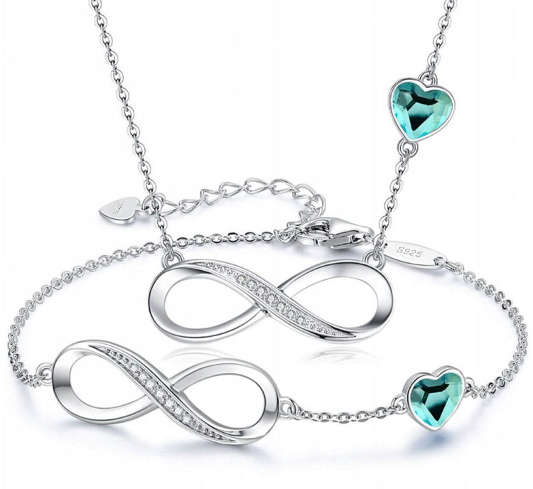 Srebrny Komplet Infinity Serce Bransoletka Celebrytka Naszyjnik - Aquamarine - Srebro 925 Prezent na Urodziny