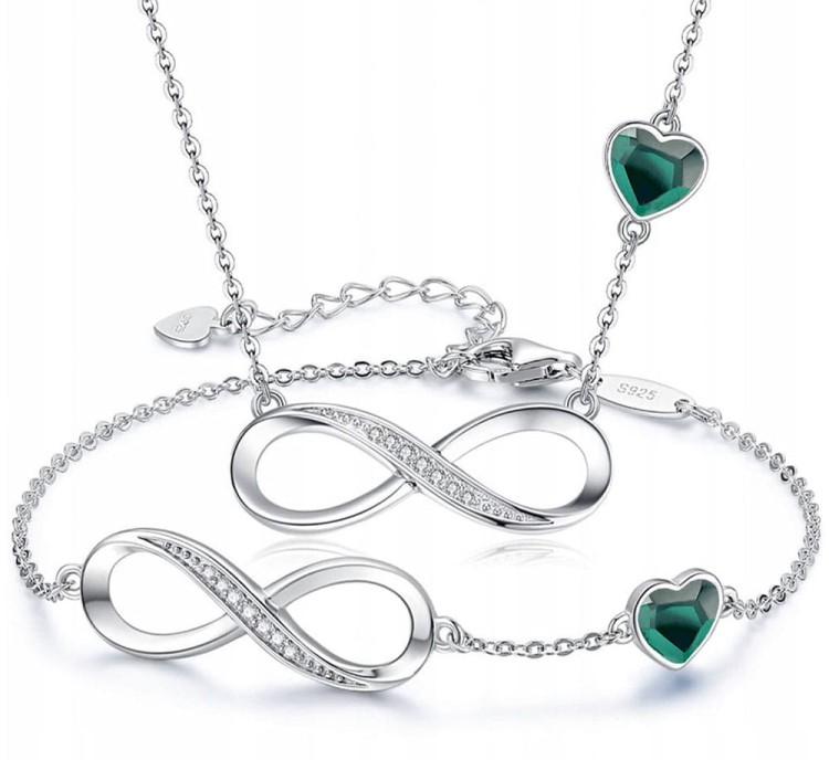 Srebrny Komplet Infinity Serce Bransoletka Celebrytka Naszyjnik - Emerald - Srebro 925 Prezent na Gwiazdkę