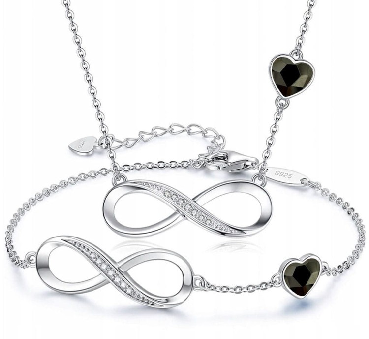 Srebrny Komplet Infinity Serce z Cyrkoniami Bransoletka Celebrytka Naszyjnik - Graphit - Srebro 925 Prezent na Dzień Kobiet