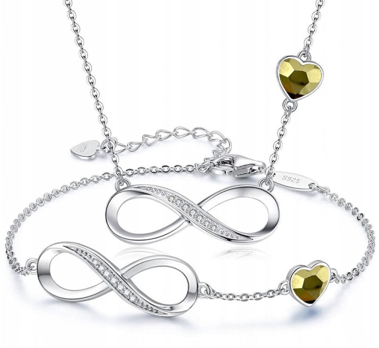 Srebrny Komplet Infinity z Cyrkoniami Bransoletka Celebrytka Naszyjnik - Rose Gold - Srebro 925 Prezent na Walentynki