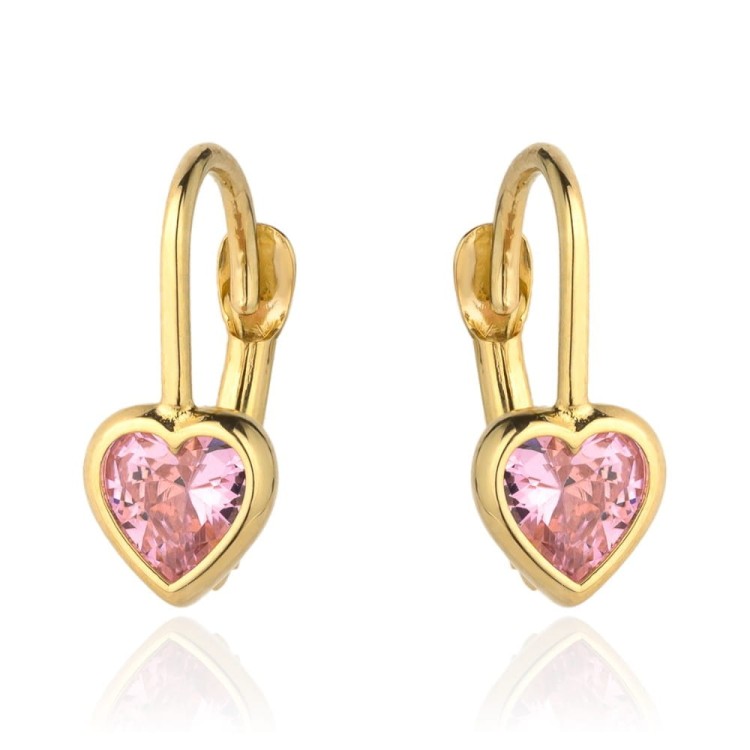 Kolczyki złoty kontur serca i różowy kamień