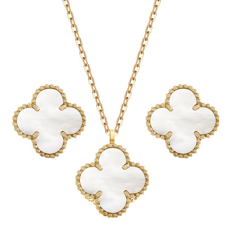 Srebrny Damski Komplet Biżuterii Koniczynki z Masą Perłową - Srebro 925 na Prezent.jpg