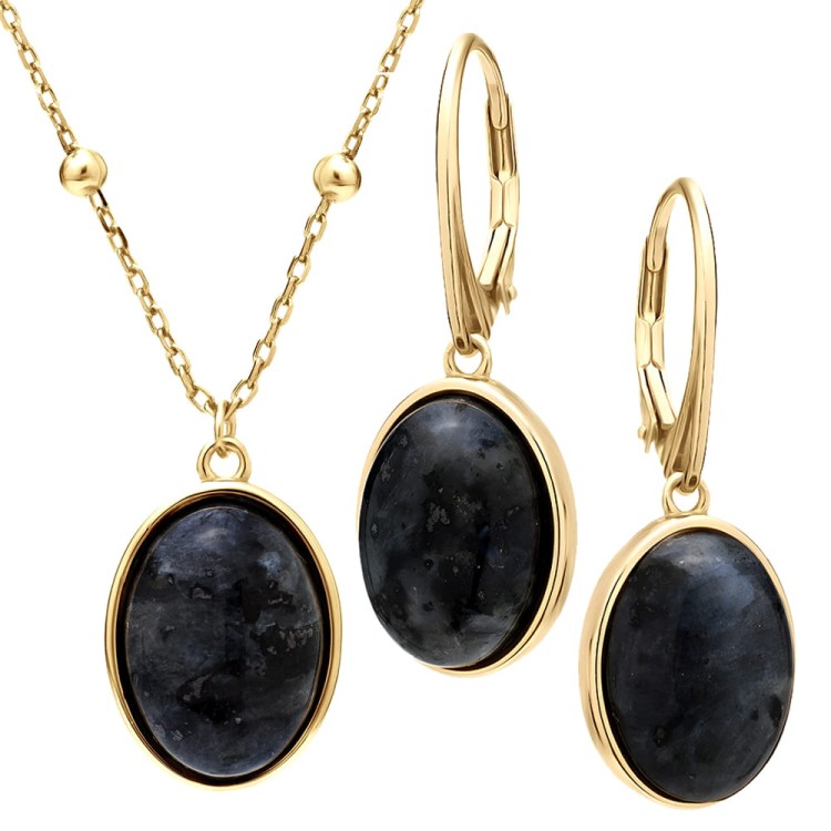 Srebrny Pozłacany Komplet pr.925 z Czarnym Naturalnym Larvikitem i Kuleczkami na Łańcuszku - Srebro 925.jpg