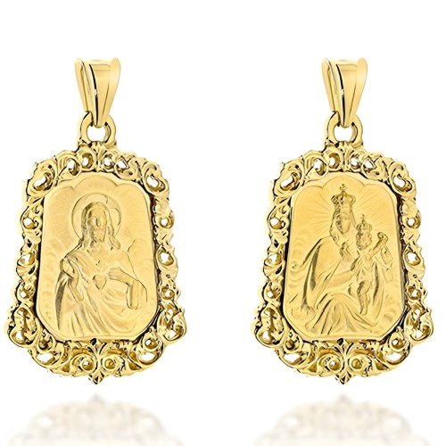 Złoty pr.585 Medalik Dwustronny Szkaplerz w Ozdobnej Oprawie - Złoto 585.jpg