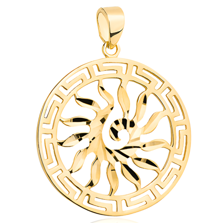Złota pr.585 Zawieszka Okrągłe Słońce i Wzór Grecki - Złoto 585.png