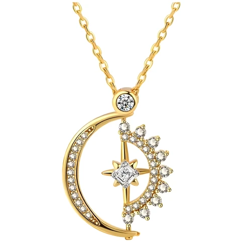Piękny Naszyjnik z motywem słońca i księżyca – srebro 925 pozłacane i cyrkonie .webp