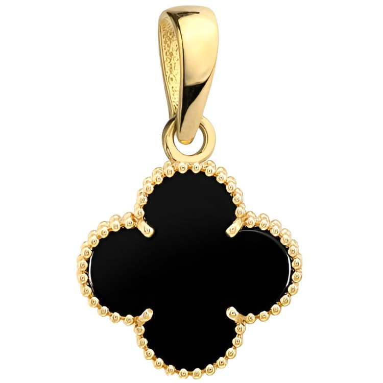 Zawieszka czarna koniczynka w oprawie złotych kuleczek 10 mm