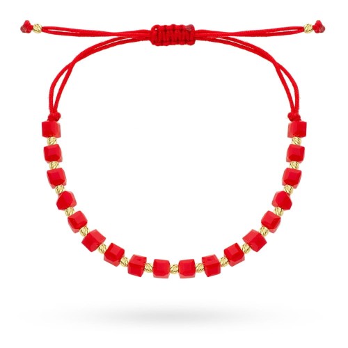 Bransoletka złote diamentowane kulki i czerwone kamienie na sznurku