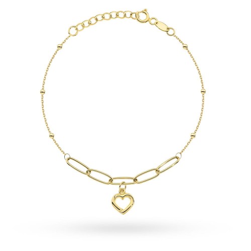 Bransoletka złota z długimi ogniwami, sercem i gładkimi kulkami