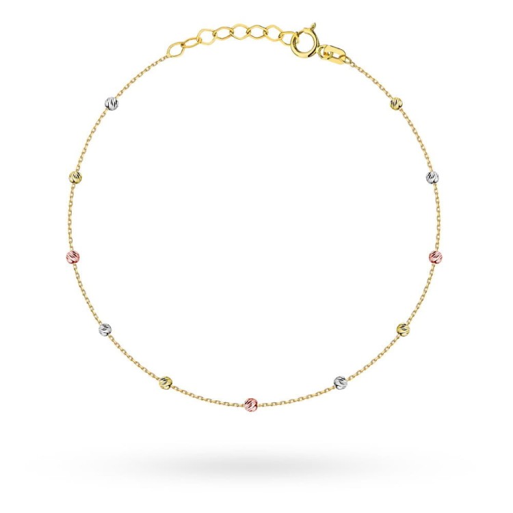 Bransoletka złota z delikatnymi diamentowanymi kuleczkami w trzech kolorach złota