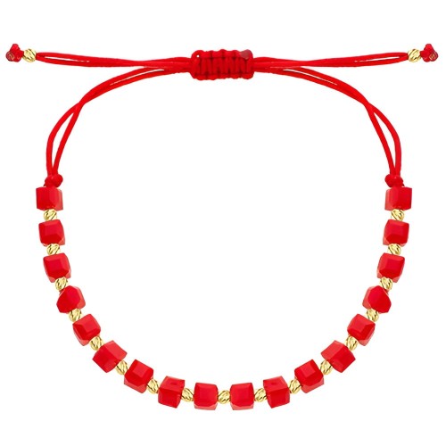 Złota pr.585 Bransoletka Diamentowane Kulki i Czerwone Kwadratowe Kamienie na Sznurku - Złoto 585.jpg