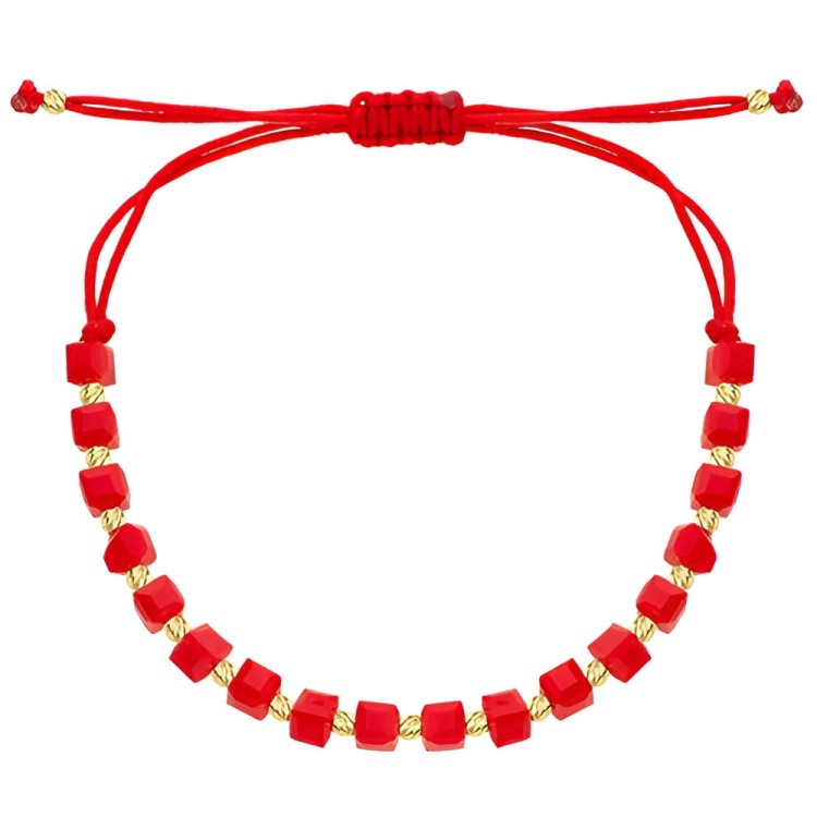 Złota pr.585 Bransoletka Diamentowane Kulki i Czerwone Kwadratowe Kamienie na Sznurku - Złoto 585.jpg