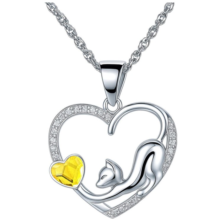 Elegancki Wisiorek z Kotem i Sercem – Srebrna Biżuteria z Kryształem - Srebro 925