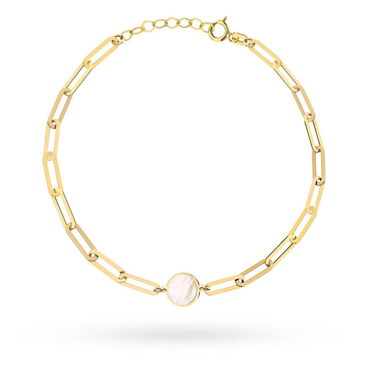 Bransoletka złota długie ogniwa i kółko z masą perłową