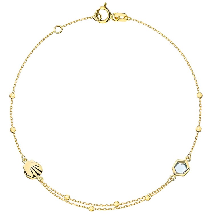 Złota Bransoletka z Błękitnym Kamieniem, Muszlą i Kulkami Party - Złoto 585 .jpg