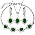 Zestaw Srebrnej Biżuterii Damskiej – Kolczyki Naszyjnik i Bransoletka ze Szmaragdowymi Kryształami