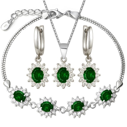 Zestaw Srebrnej Biżuterii Damskiej – Kolczyki Naszyjnik i Bransoletka ze Szmaragdowymi Kryształami.jpg