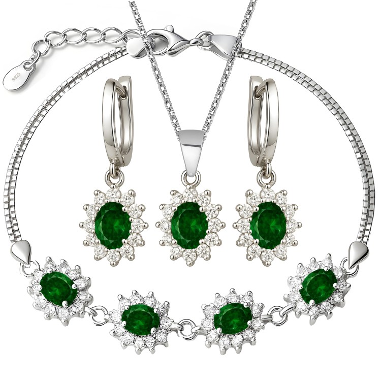 Zestaw Srebrnej Biżuterii Damskiej – Kolczyki Naszyjnik i Bransoletka ze Szmaragdowymi Kryształami.jpg