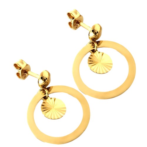 Złote Kolczyki 375 Wiszące – Gładki Ring I Diamentowane Kółko, Wkrętki 9K Na Sztyft, Żółte Złoto.jpg