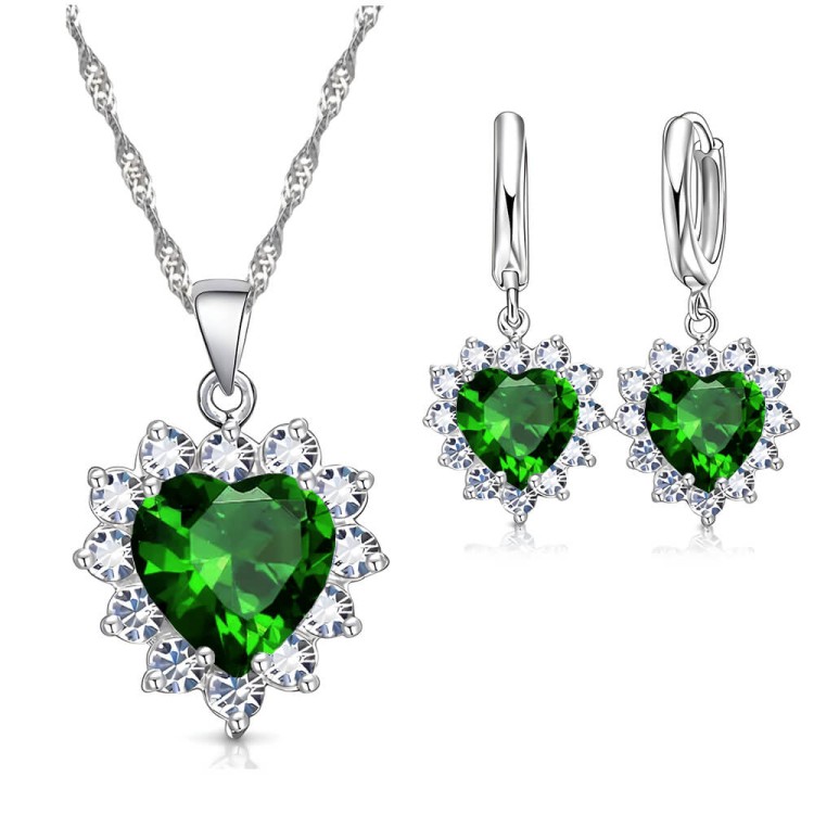 Komplet Biżuterii Srebro 925 Zielone Serce – Cyrkonie, Kolczyki Angielskie.jpg