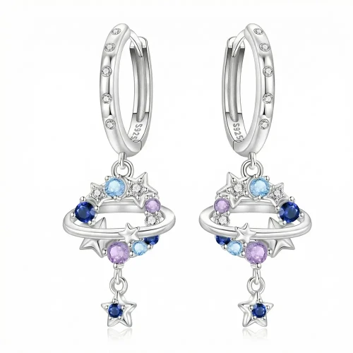 Kolczyki Srebrne 925 Wiszące Gwiazdy Planety z Cyrkoniami Kolorowe.webp