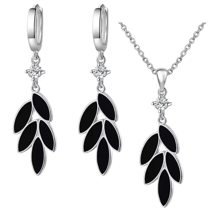 Zestaw Srebrny 925 Liście z Czarnym Onyksem Naszyjnik i Kolczyki.webp