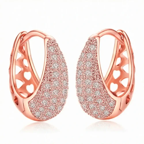 Kolczyki Damskie Owale Różowe Złoto Stal Szlachetna z Cyrkoniami.webp