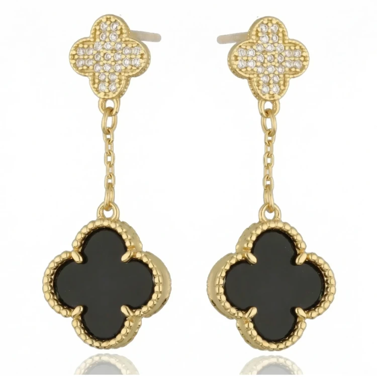 Srebrne 925 Kolczyki Damskie Pozłacane Koniczyna Czarny Onyks Cyrkonie.webp