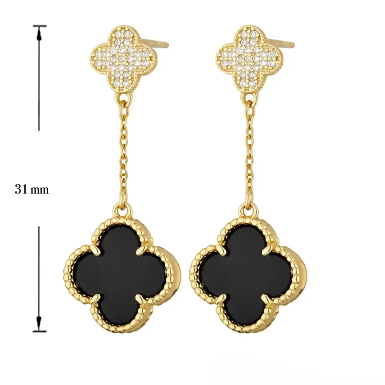 Srebrne 925 Kolczyki Damskie Pozłacane Koniczyna Czarny Onyks Cyrkonie.webp