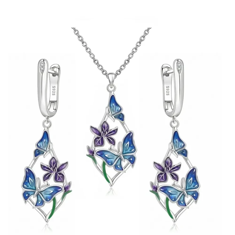 Srebrny 925 Komplet Biżuterii Motyle Kolczyki i Naszyjnik z Łańcuszkiem.webp