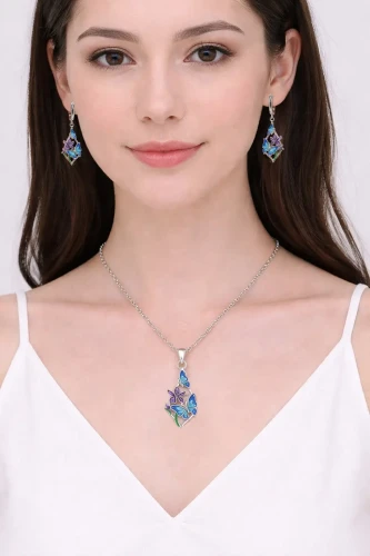 Srebrny 925 Komplet Biżuterii Motyle Kolczyki i Naszyjnik z Łańcuszkiem.webp
