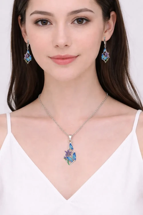 Srebrny 925 Komplet Biżuterii Motyle Kolczyki i Naszyjnik z Łańcuszkiem.webp