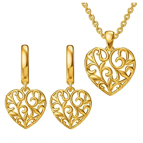 Komplet Biżuterii Ażurowe Serca Srebro 925 Pozłacane Kolczyki i Naszyjnik.webp