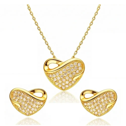 Srebrny 925 Pozłacany Komplet Serca z Cyrkoniami Kolczyki i Naszyjnik.webp