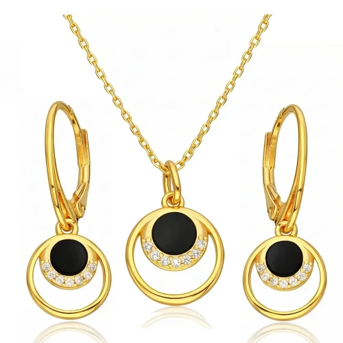 Srebrny 925 Pozłacany Komplet z Onyksem i Cyrkoniami Srebro Pozłacane .webp