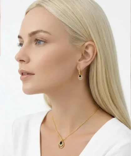 Srebrny 925 Pozłacany Komplet z Onyksem i Cyrkoniami Srebro Pozłacane .webp