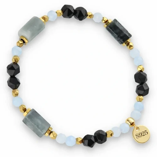 Srebrna 925 Bransoletka Kamienie Naturalne Agat Hematyt Akwamaryn.webp